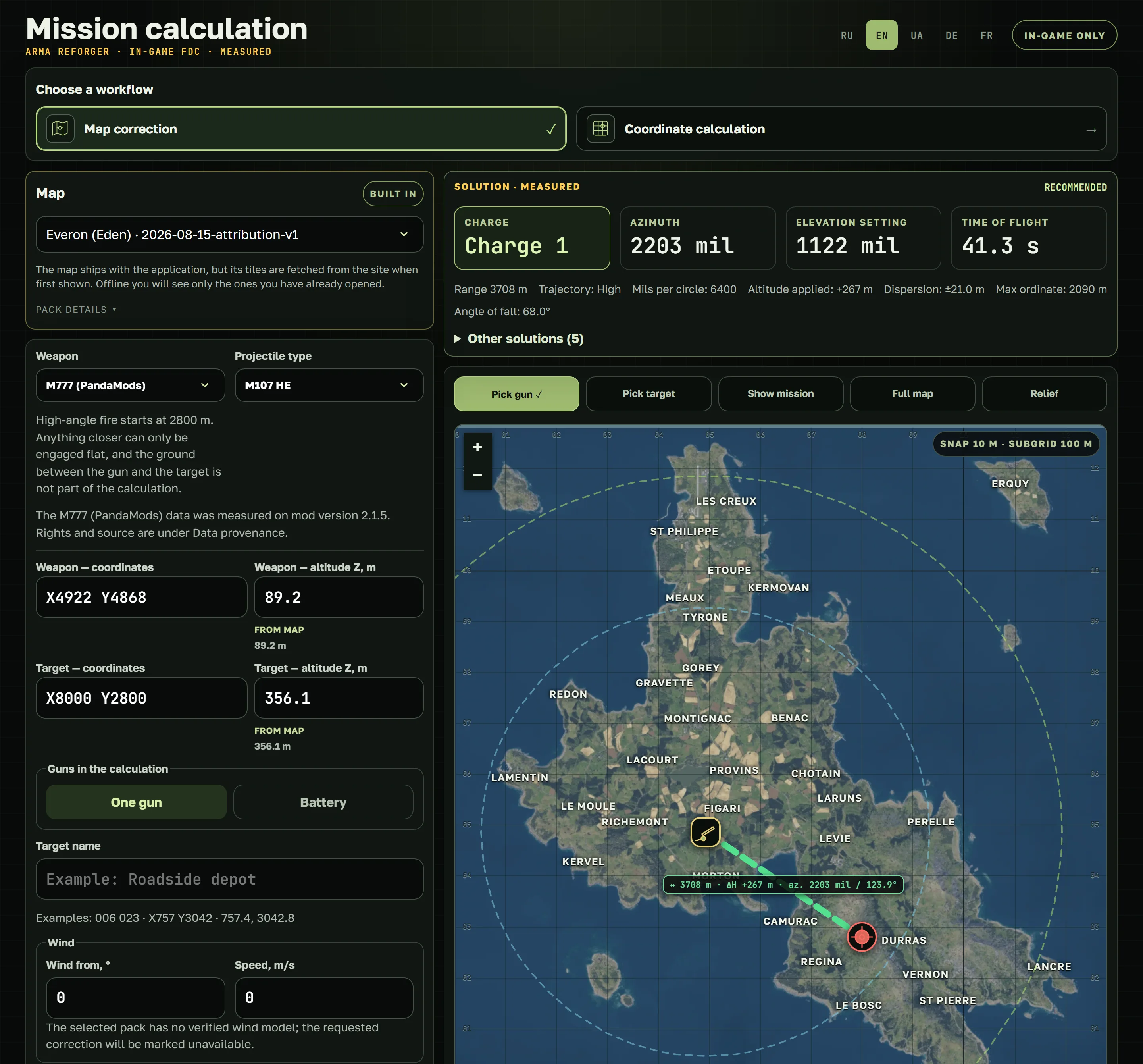The calculator in map mode on Everon: the map with the gun, the target and the line between them, and the solution card with charge, azimuth, elevation and time of flight.